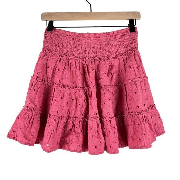 NWT American Eagle Pink A-line Smocked Tiered Eyelet Mini Skirt - Picture 6 of 7
